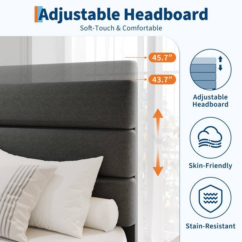 Platform Bed Frame with Adjustable Linen Headboard, Wood Slats