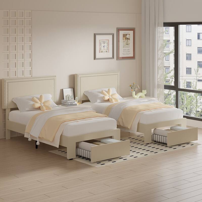 VECELO Upholstered Storage Bed Frames with 4 Storage Drawers, Platform Bed Frame with Adjustable Velvet Rivets Headboard