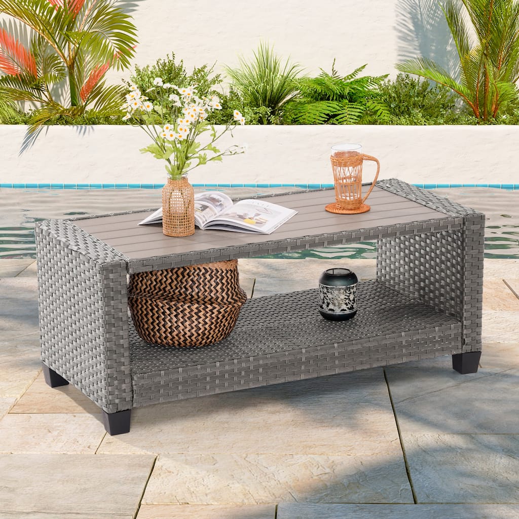 BONOSUKI Outdoor PE Rattan Side Table,Rectangular Coffee HIPS Tabletop