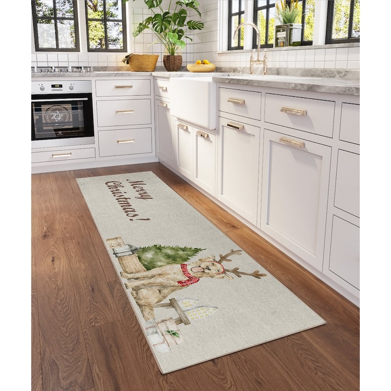 Indoor/ Outdoor Cozy Winter Taupe Washable Christmas Dog Rug - 2'3" x 7'6" - Taupe