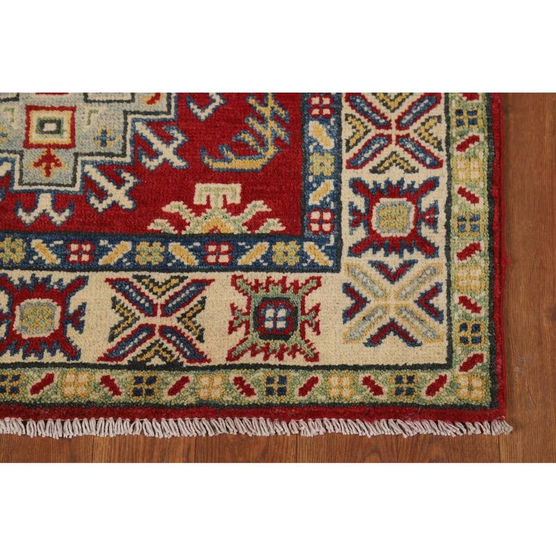 Kazak Accent Rug Hand-Knotted Geometric Red Wool Carpet - 2'7"x 4'0"