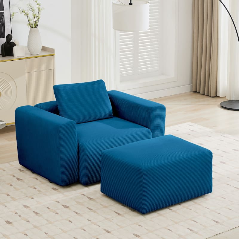 Corduroy Sectional Modular Sofa with Square Arms & Ottoman Extension for Flexible Arrangements