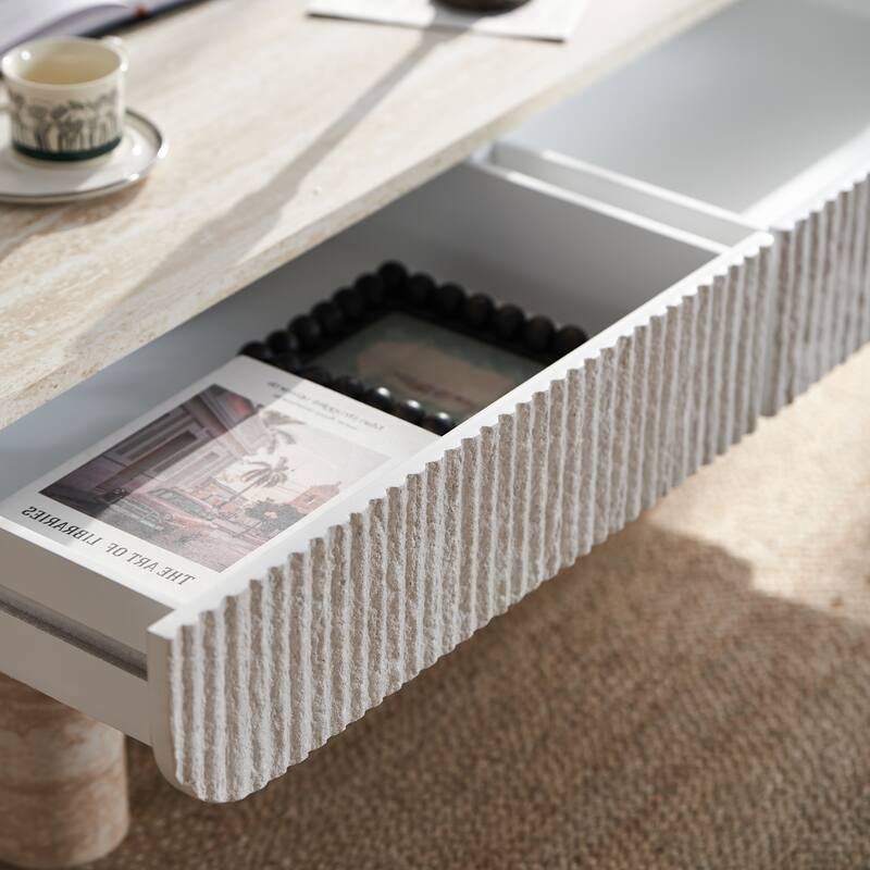 Coffee Table with Faux Marble Tabletop, Mid Century Modern Coffee Table with Fluted Drawer, Coffee Table for Living Room