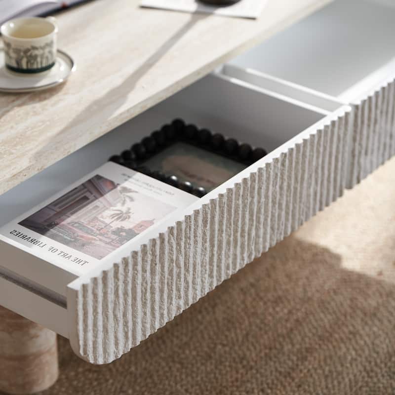 GDFStudio - Mid-Century Modern Coffee Table with Fluted Storage Drawer