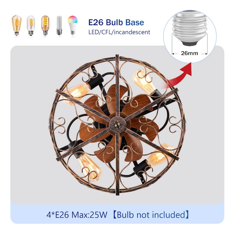 Cusp Barn 20'' Industrial Flush Mount Ceiling Fan with Lights and Remote, Rustic Reversible DC Motor 6 Speeds Caged Ceiling Fan