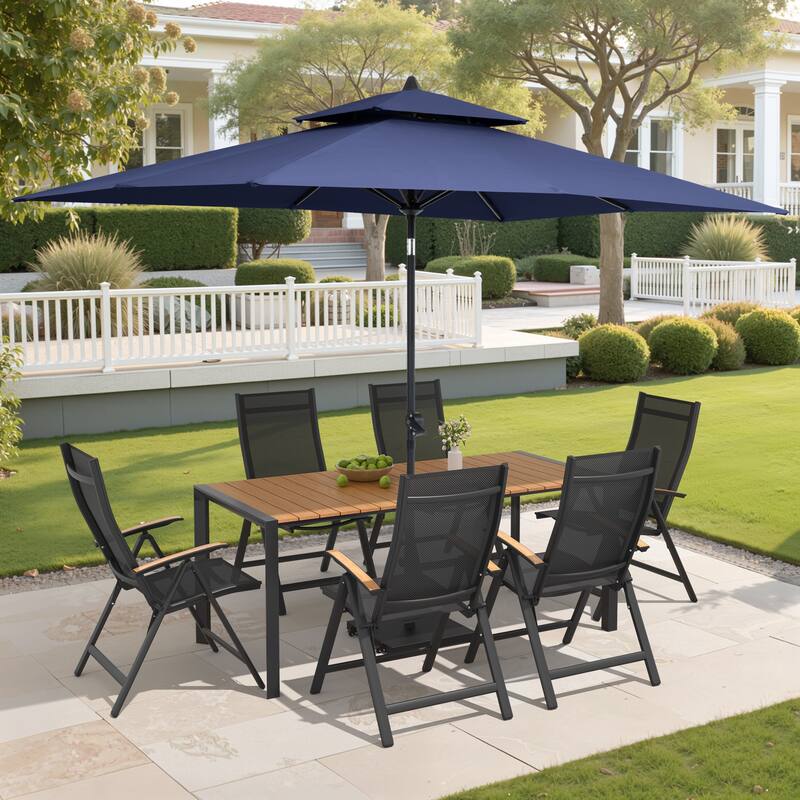 9/11-Piece Outdoor Patio Dining Set Aluminum Dining Table and Chairs w/10 ft Market Umbrella and Base with Wheels - Set of 9 - Brown Table with Navy Blue Umbrella