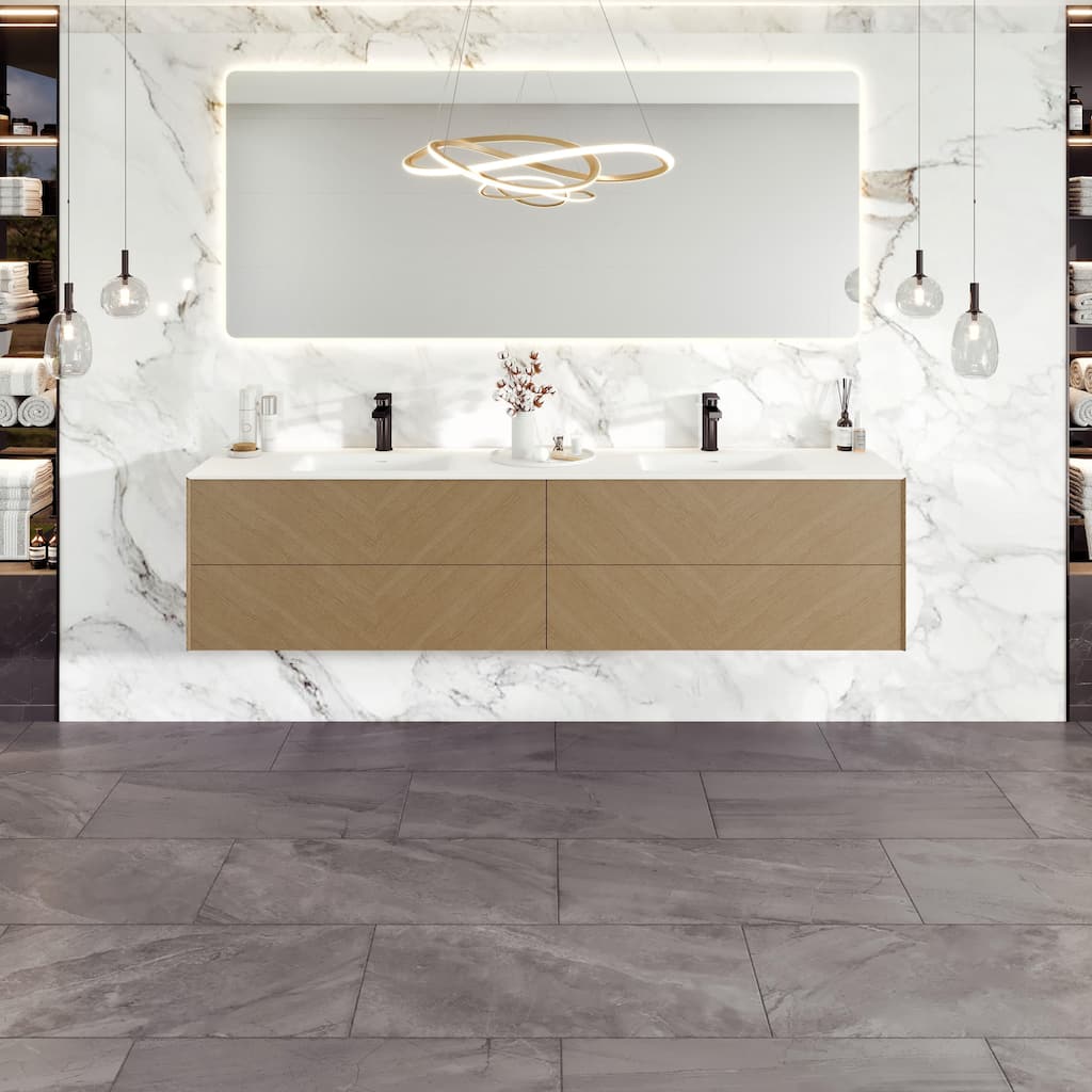 Eviva Lotus 71"W Oak Bath Vanity with WH Solid Surface Integrated Top