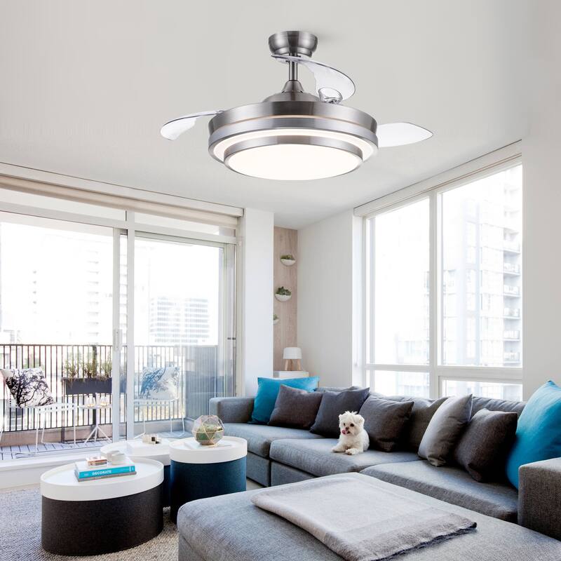 Modern 42 in Brushed Nickel Ceiling Fan with Retractable Blades and DC Motor - 42 INCHES