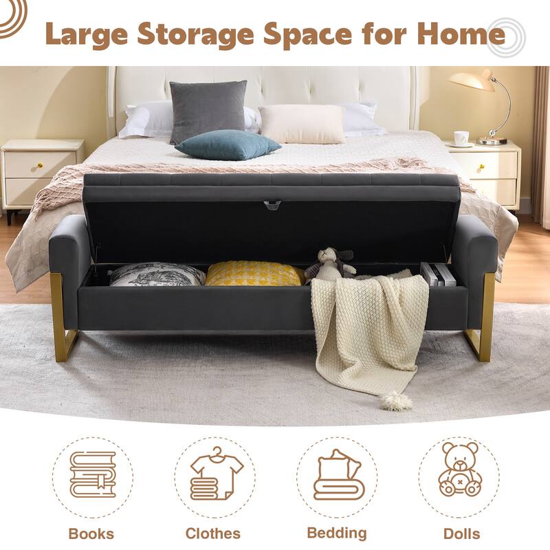 66" Storage Bench for Bedroom End of Bed with Single Lids and Gold Legs
