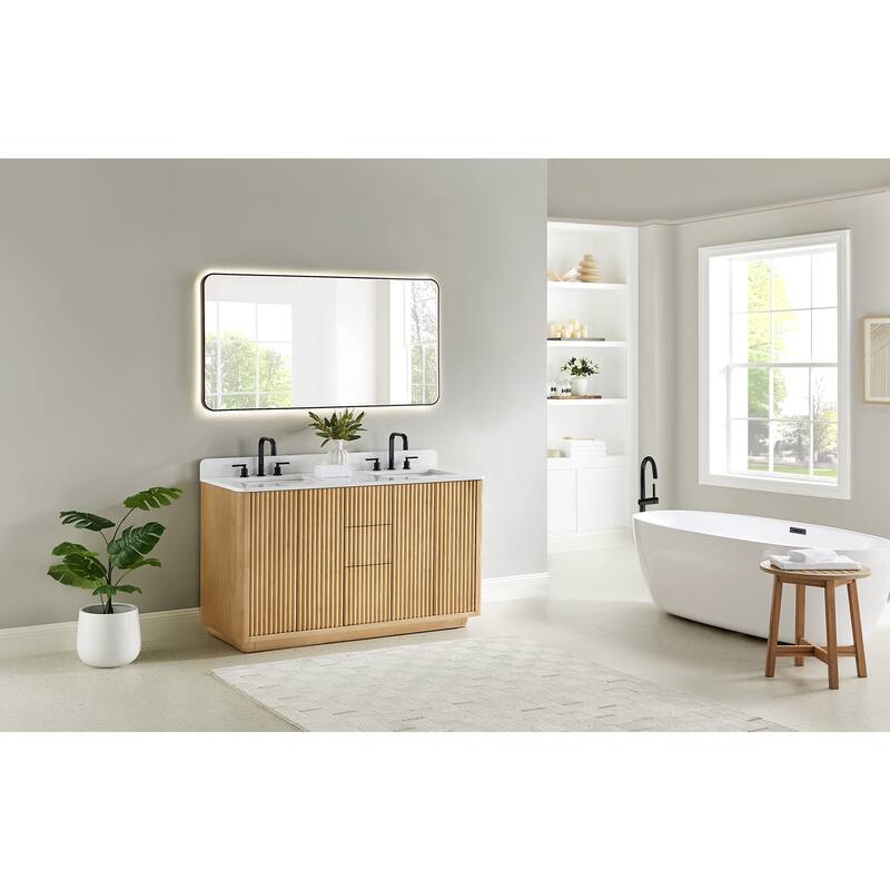 Clayton Bathroom Vanity in Washed Light Brown with Grain White Engineered Stone Countertop without Mirror