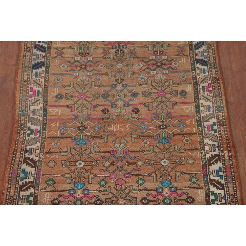 Geometric Hamedan Persian Vintage Runner Rug Handmade Wool Carpet - 3'7"x 8'9"