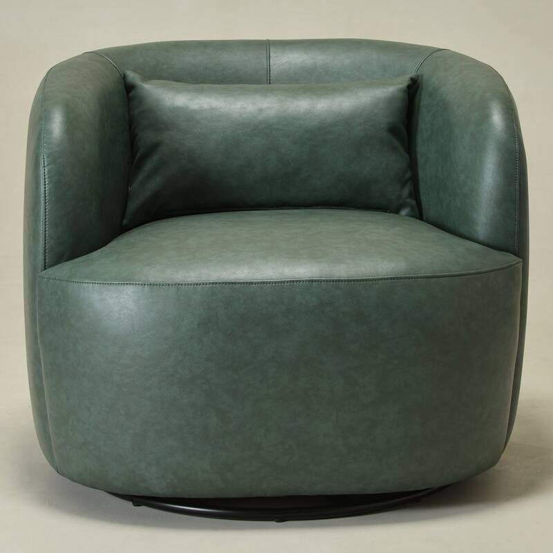 KINWELL 34" Wide Swivel Faux Leather Barrel Armchair Upholstered PU Leather Accent Chairs for Living Room Office Lounge