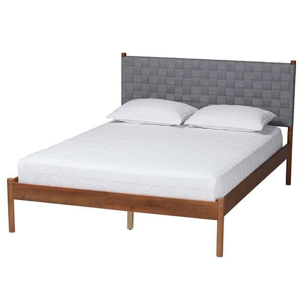 slide 2 of 10, Estela Mid-Century Modern Grey Woven Fabric and Walnut Brown Wood Queen Size Platform Bed Queen