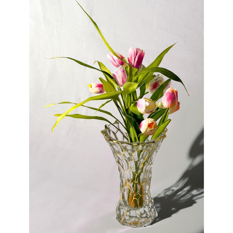 Golden Hexagon 9.5" Hand-painted Glass Widemouthed Vase