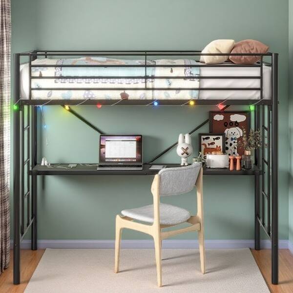 slide 2 of 14, Twin Metal Loft Bed with Built-In Desk, LED Lighting, Power Outlets & USB Ports, Safety Guardrails, Dual Ladders Black