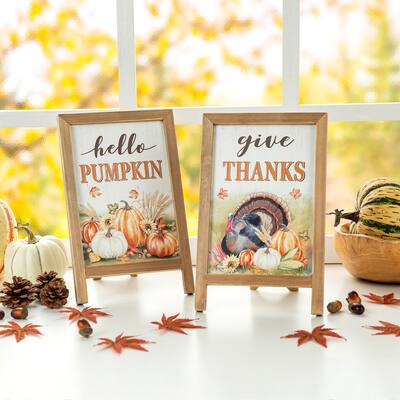 Glitzhome Set of 2 12"H Fall & Thanksgiving Wooden Easel Table Decor
