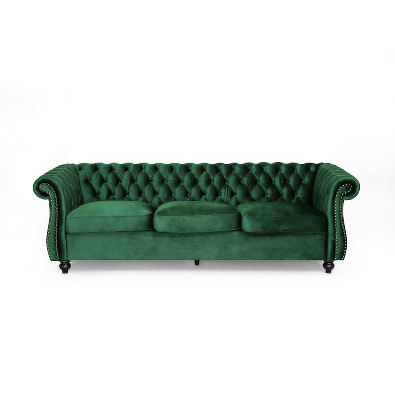 Somerville Chesterfield Tufted Velvet Sofa by Christopher Knight Home - Emerald/Dark Brown