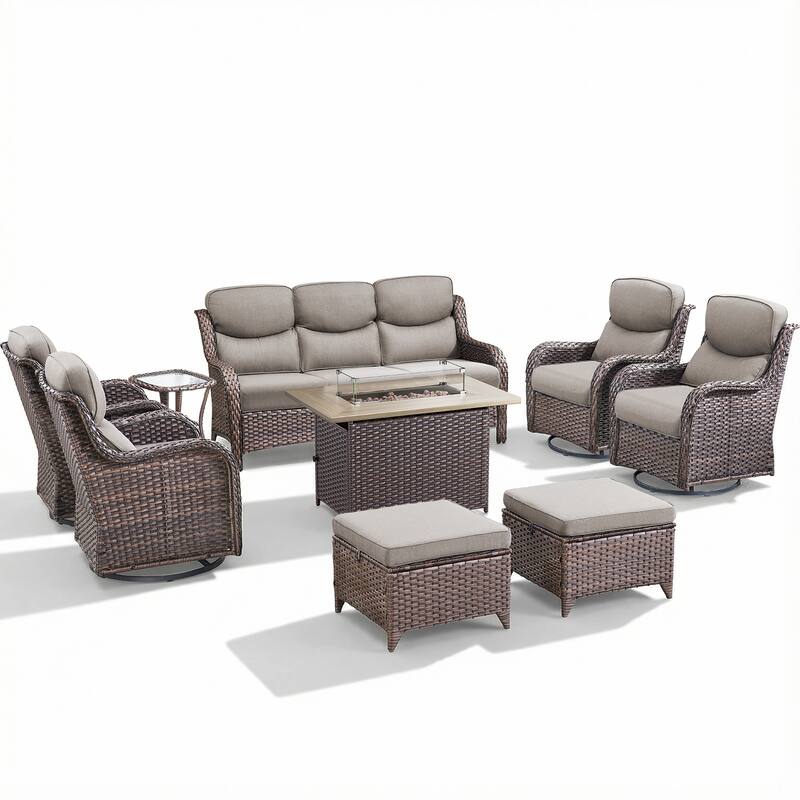 Pocassy Outdoor Fire Pit Sofa Swivel Chairs Ottoman Furniture Set