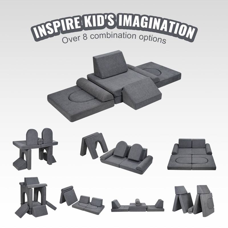 Grey Chenille Fabric Modular Kids Play Couch with Foam Cushions and Safe Zippers - 43.31” L x 23.62” W x 15.75” H