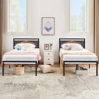 VECELO Metal and wood Platform Kids Bed Frame,Twin Size Bed Set of 2