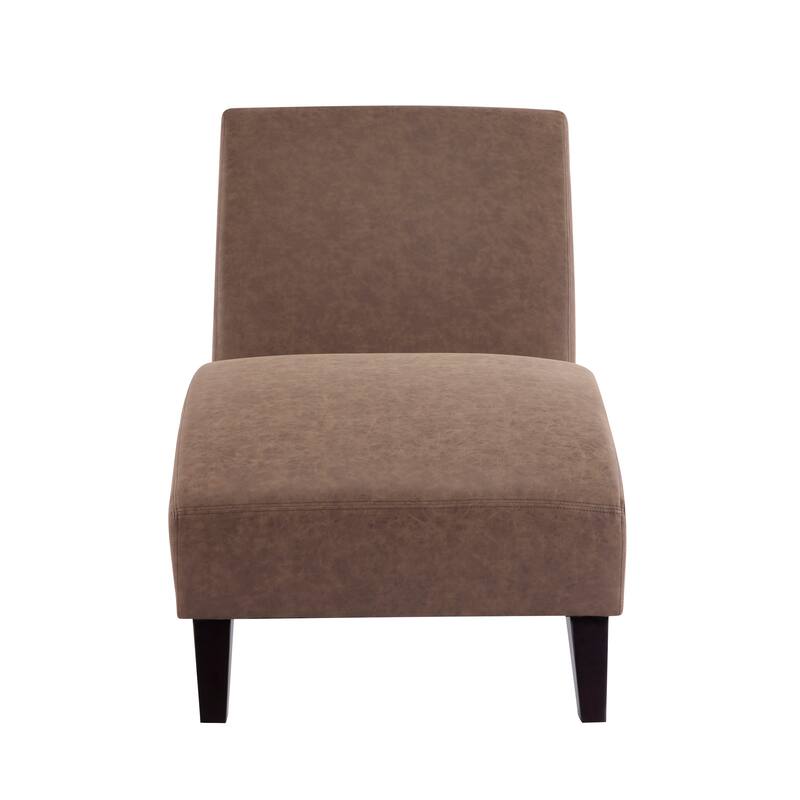 Roomfitters Modern Faux Leather Chaise Lounge with Curved Seat and Angled Wood Legs, Dark Coffee