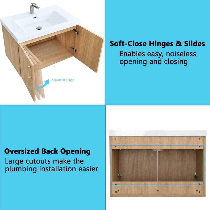 AlbyonD 24" 30" 36" Floating Bathroom Vanity with Sink and Faucet, Natural Oak