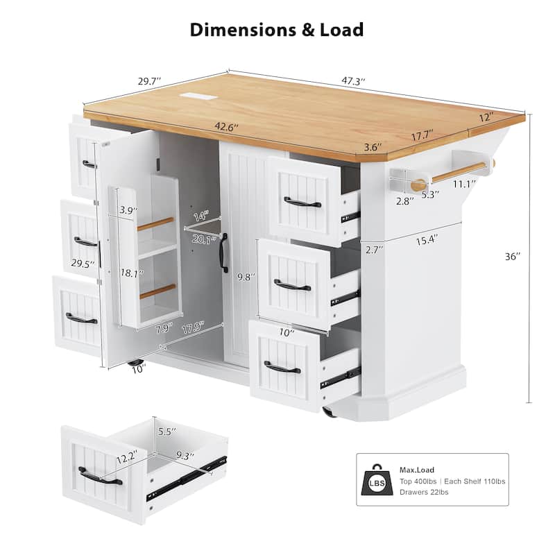 Farmhouse Kitchen Island with Drop Leaf & Power Outlet, 56" Folding Kitchen Table with 6 Drawers and 4 Shelves, Towel Rack