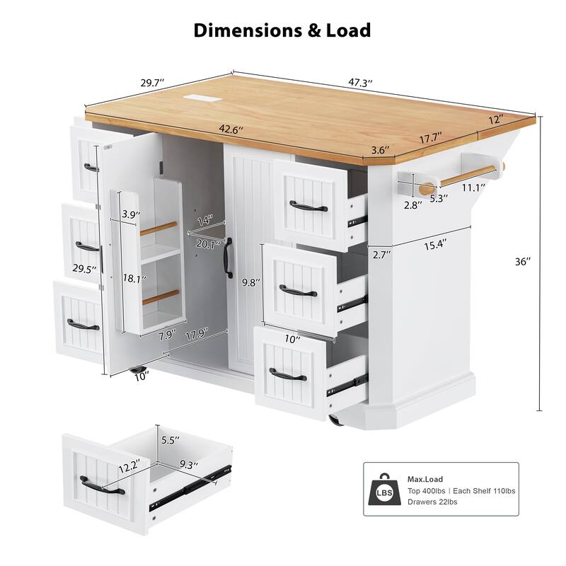 Kitchen Island Embossed Vertical Stripe Rolling Kitchen Cart with Rubber Wood Veneer Drop Leaf