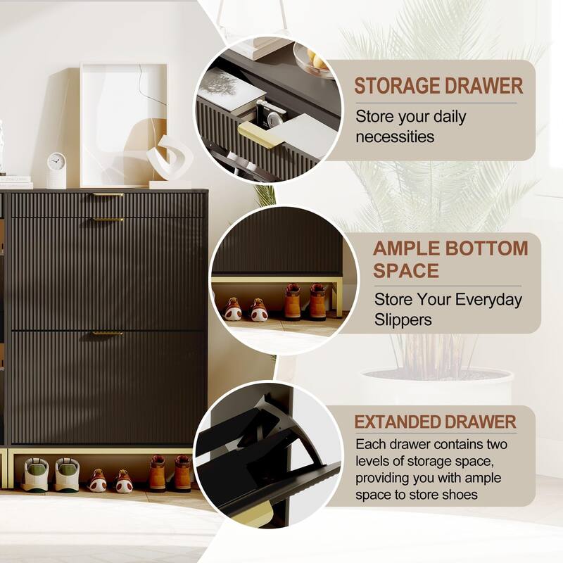 Slim Shoe Cabinet with 2 Flip Drawers & Top Drawer