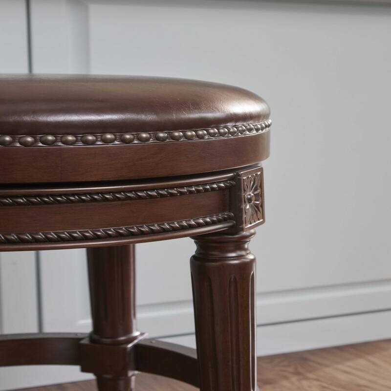 Brown Wood Frame Swivel Counter Bar Chair with Faux Leather Round Seat