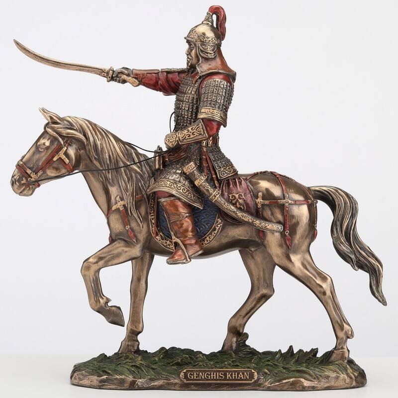 9.65 inches Width Cold Cast Bronze Genghis Khan on Horse Back Bronze Finish Figurine
