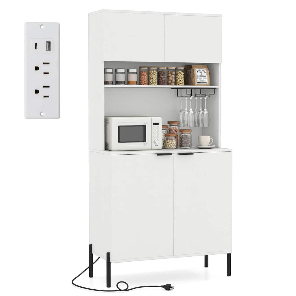 Costway 64.5” Kitchen Pantry Cabinet with Charging Station Wine Glass - See Details