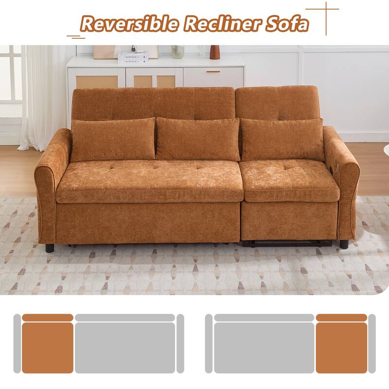 82" 2-in-1 Orange Chenille Three-seater Sofa with Sofa Bed, Reversible Recliner & USB Ports