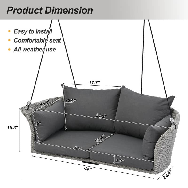 2-Person Hanging Seat, Rattan Woven Swing Chair, Porch Swing W/Cushion