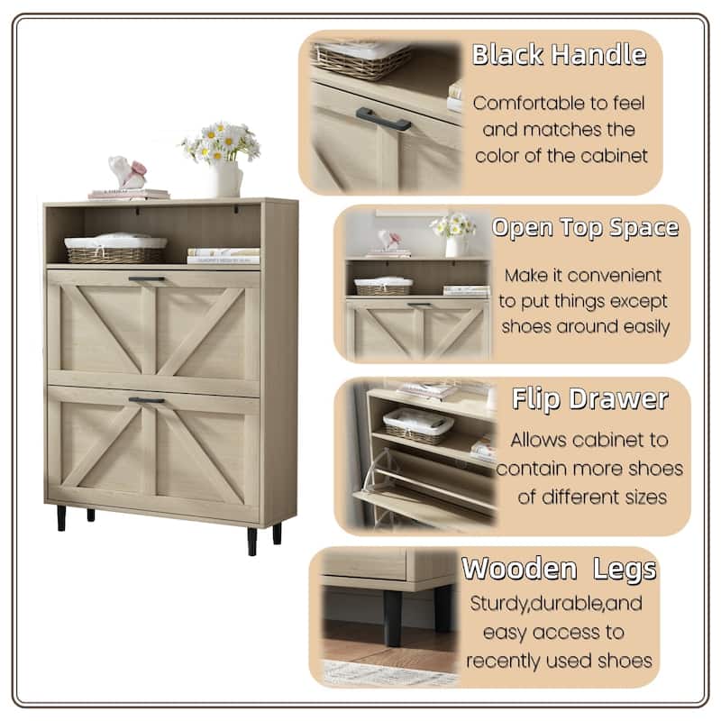 Shoe Storage Cabinet with Barn Door Design,Shoe Organizer with 2 Flip Drawers,Freestanding Narrow Shoe Rack Cabinet