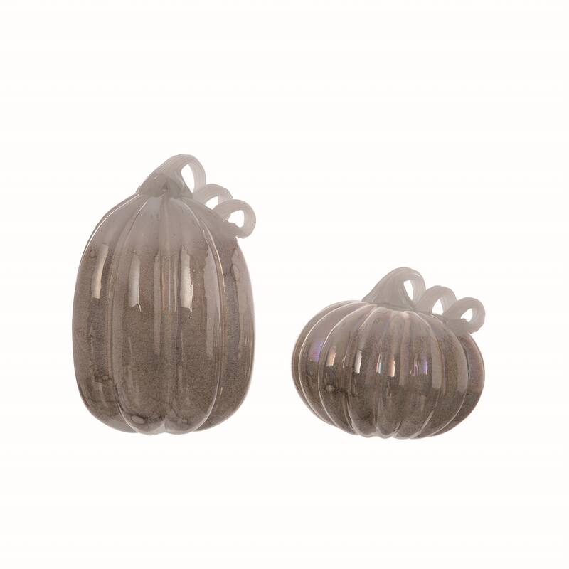 Transpac Glass 10.25 in. Silver Autumn Pumpkins with Curly Stems Set of 2
