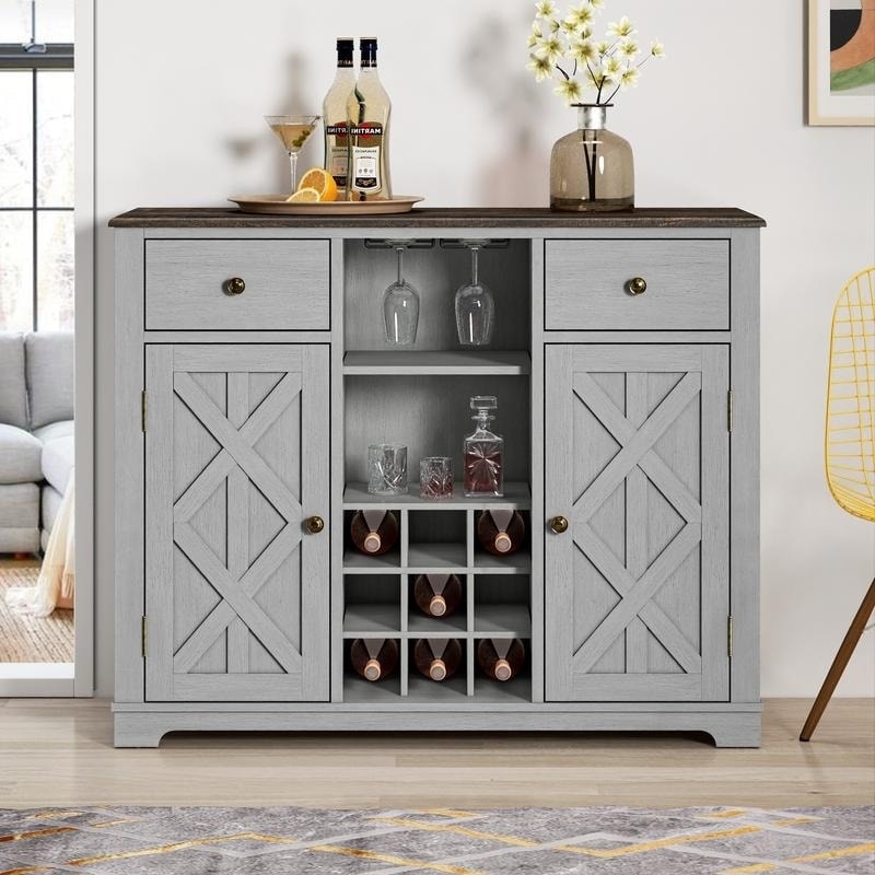 Gray Large Capacity Kitchen Sideboard Storage Cabinet with Wine Rack and Glass Holder, Adjustable Shelf