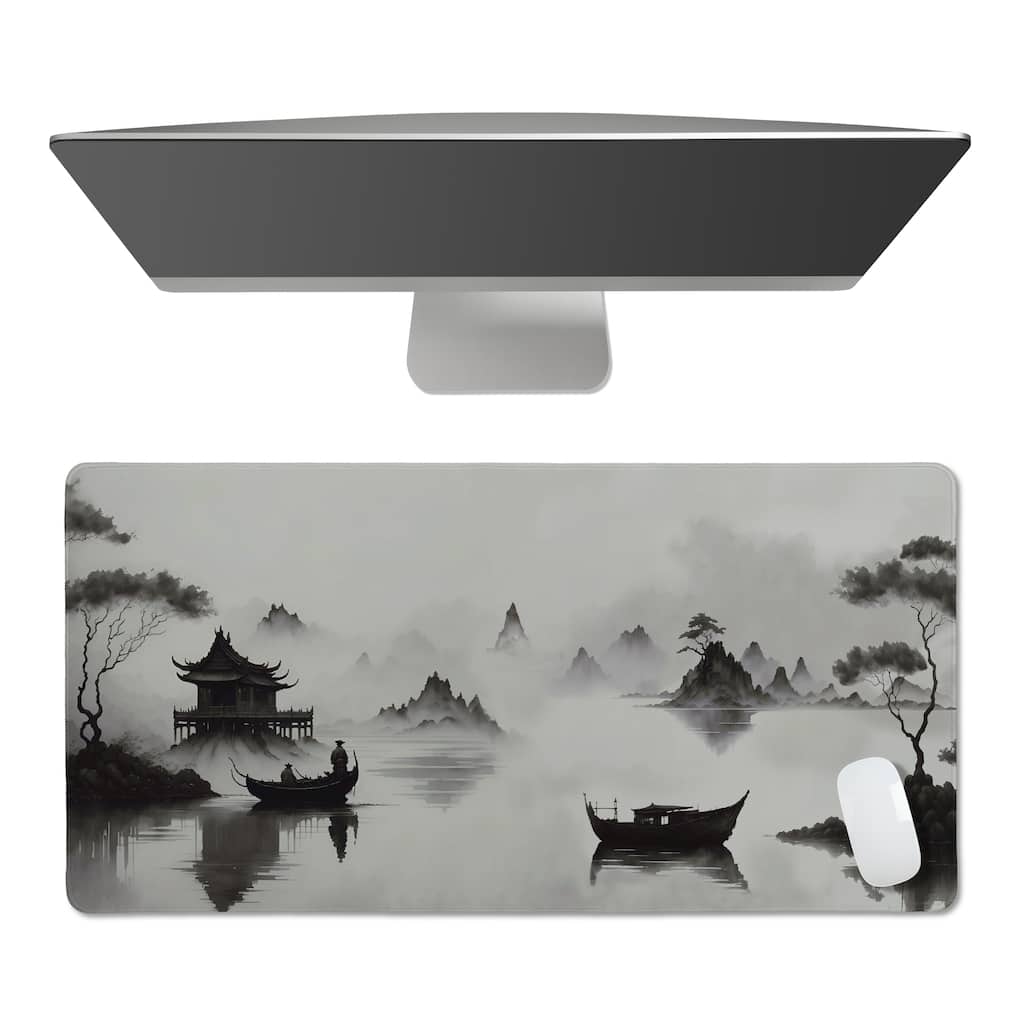 Sweet Jojo Designs Black & White Traditional Japanese Boy, Girl, Unisex/Gender Neutral Large Mouse Pad Desk Mat - Asian Ink Wash