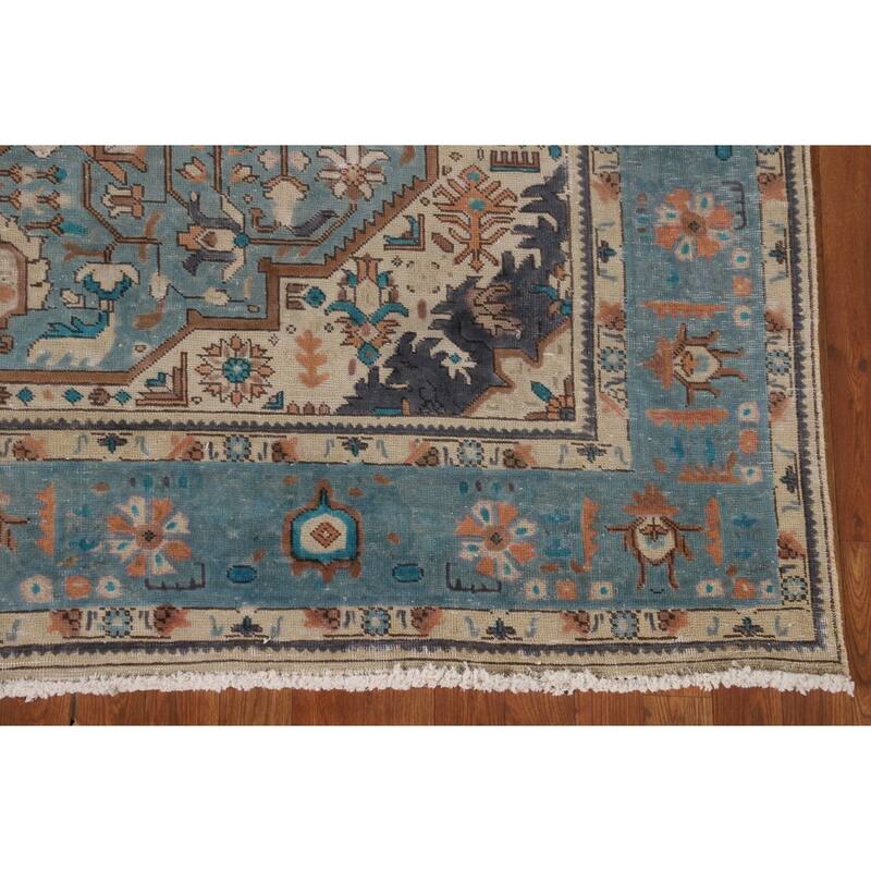 Over-Dyed Blue Tabriz Persian Vintage Area Rug Handmade Wool Carpet - 6'10"x 9'8"