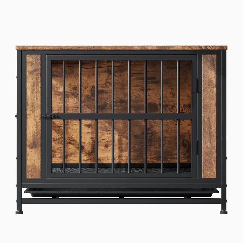 Dog Crate Furniture,Wooden Dog Crate Table,32.8" Dog Kennel with 2 Sliding Doors and Thick Iron Door Frame,for Medium/Small Dog