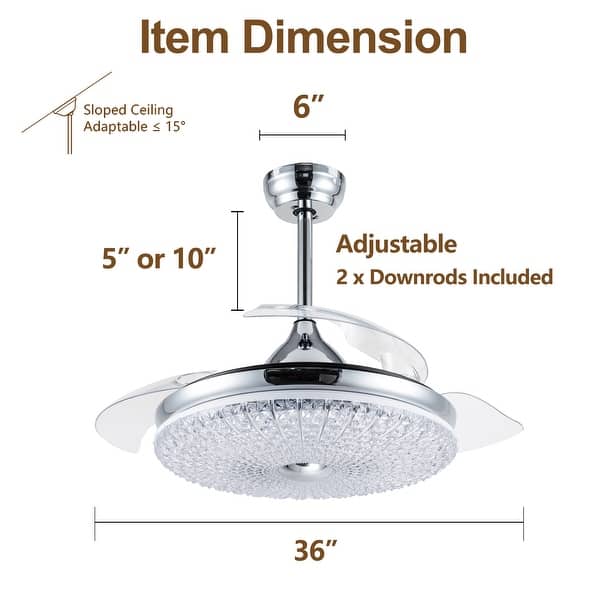 dimension image slide 2 of 4, 36" Black Crystal Retractable Ceiling Fan with LED light and Remote