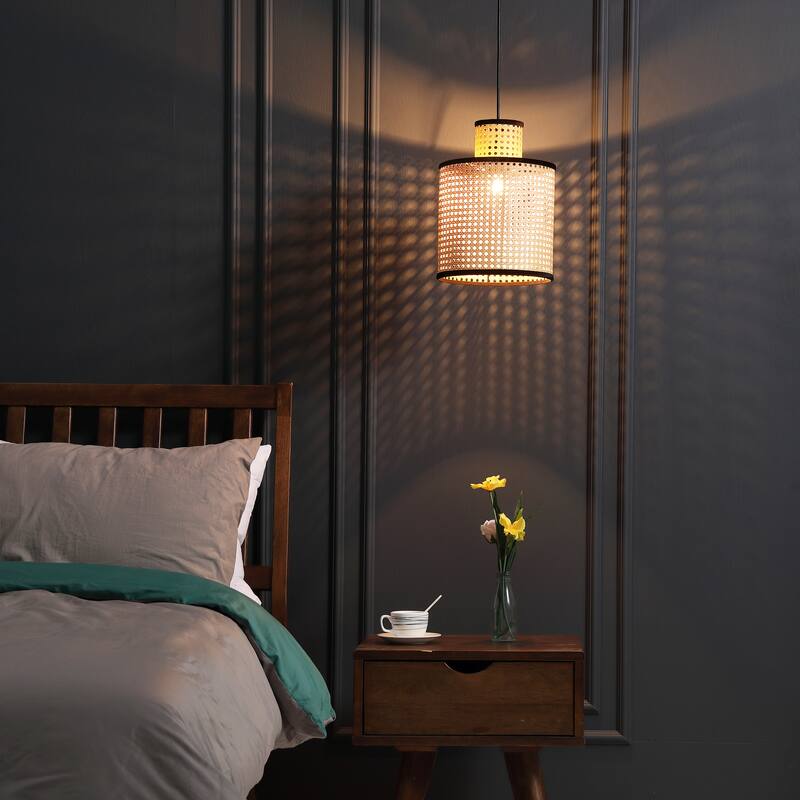 VidaLite Modern Bohemian 2 Tier Mini Pendant, PVC Rattan Shade With Velvet Stiched Rim