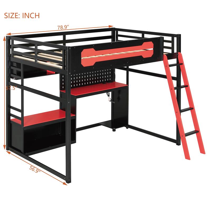 Full Size Wood Loft Bed with Desk, Shelves, LED Lights, USB Ports and Pegboard