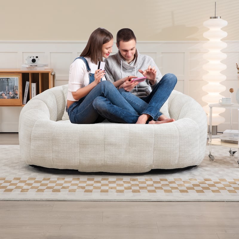 Beige Modern 59.05" Chenille High Back Loveseat Upholstered Chaise Lounge Chair with Pillows
