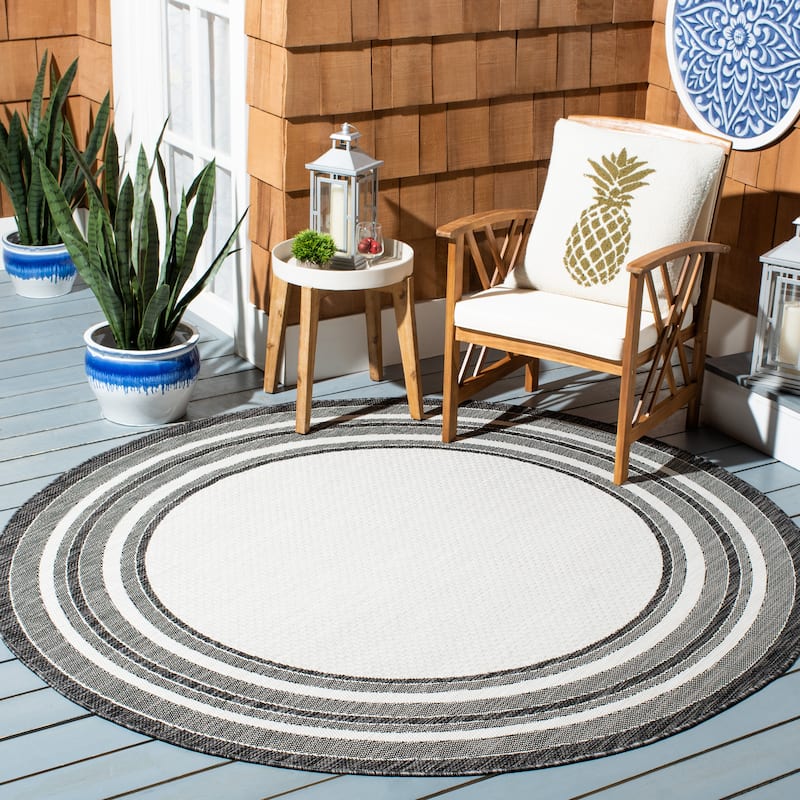 SAFAVIEH Courtyard Vickie Indoor/ Outdoor Waterproof Patio Backyard Rug - 4' Round - Ivory/Black