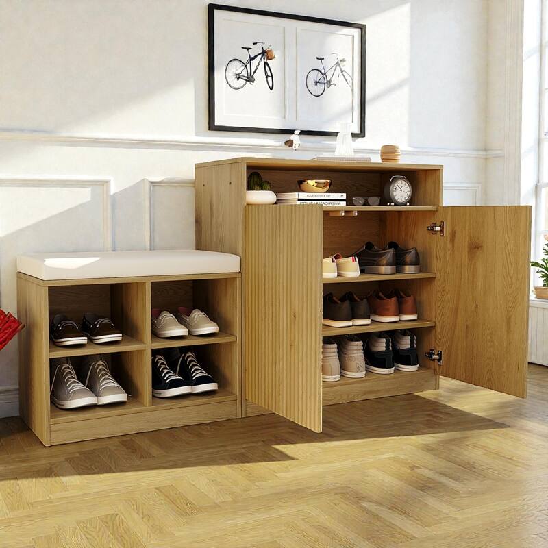 Entryway Shoe Cabinet with Bench, 2-Door Storage Console with Adjustable Shelves, 4 Open Shoe Racks & Cushion