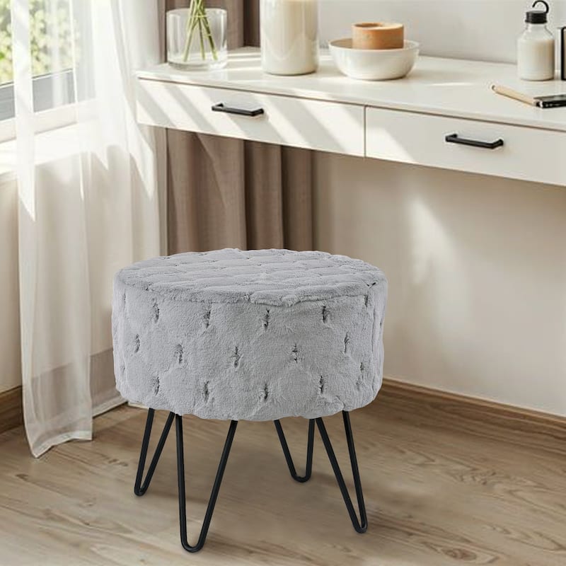 Jacquard Solid Fauxfur Round Ottoman - 18" x 18" x 18" - Silver Grey