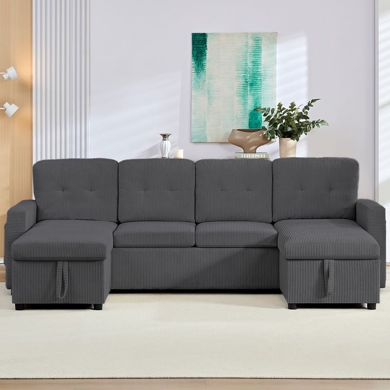 W103" Corduroy 4-Seater Modular Sleeper Sofa Bed with Storage Chaise,U-shaped Sofa with Pull-out Bed