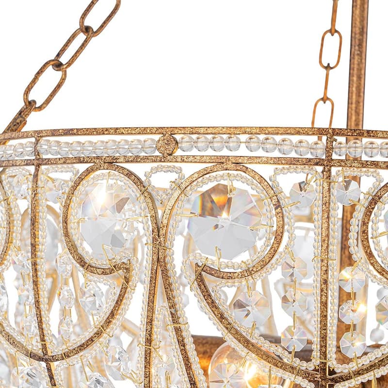 Spanish Antique Gold Bronze Crystal Accented Basket Cage Chandelier