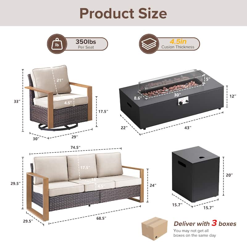 Meyreso Wicker Outdoor Patio Fire Pit Set with Swivel Gliders & 4.5-Inch Olefin Cushions